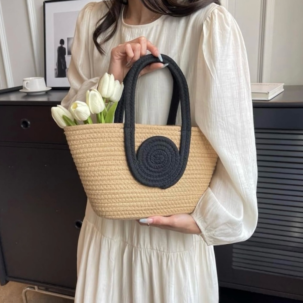 Elegant Tan and Black Woven Tote Bag